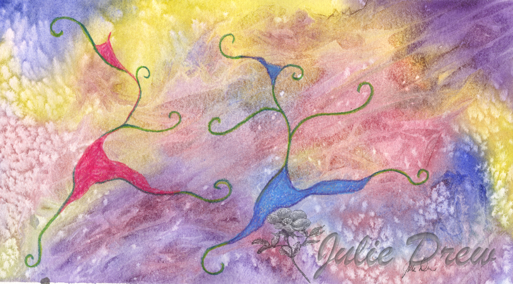 Dancing in the cosmos,Watercolor and Color Pencil Painting by Julie Drew