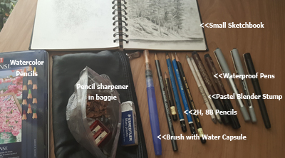 sketching supplies of artist Julie Drew