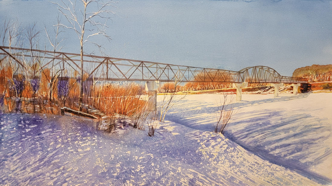 Hawrelak BeunaVistaFootbridge watercolor 15x30in JulieDrew