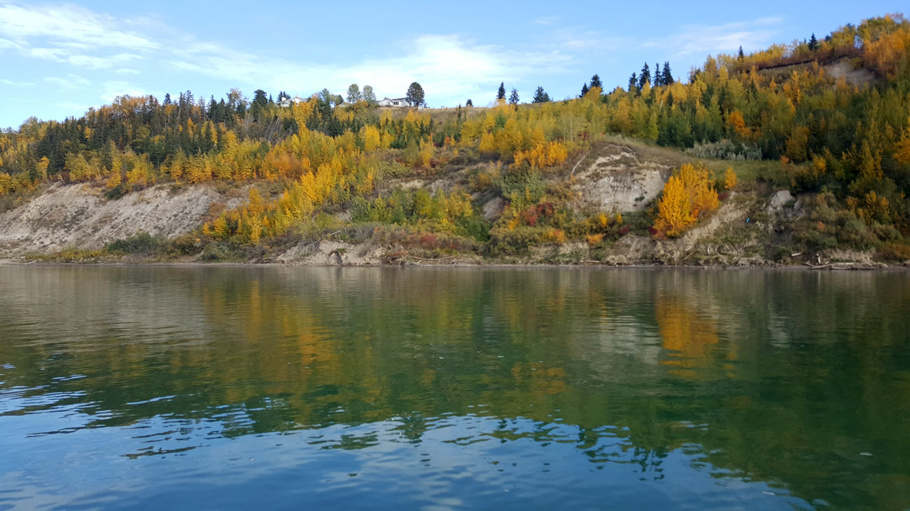 kayaking on North Saskatchewan River with fall colors