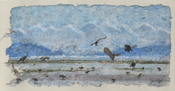 Feathered Frenzy, Watercolor on handmade paper with feathers, 8 x 12 in