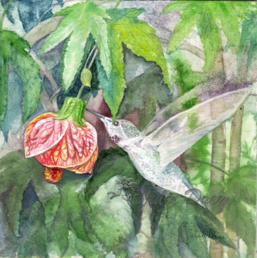 Dart in for a Taste, 7 x 7 in, Watercolor on Pine, artist Julie Drew